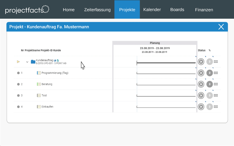 Projektaufgaben im Kanban Board in projectfacts