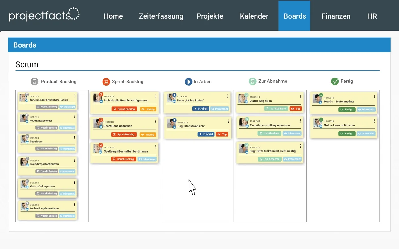 Scrum Board mit Product Backlog in projectfacts