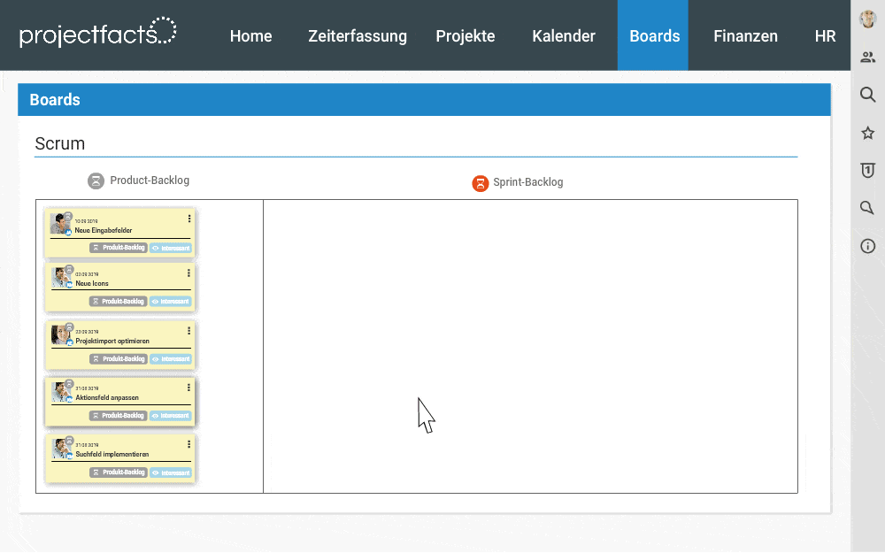 Sprint-Planung im Scrum Board in projectfacts