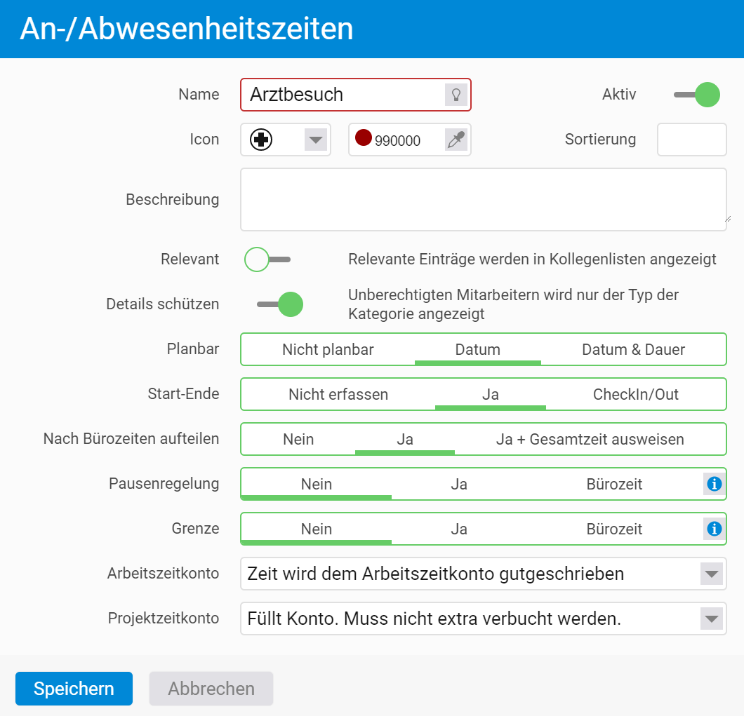 Zeitkategorie für Arztbesuche in projectfacts anlegen