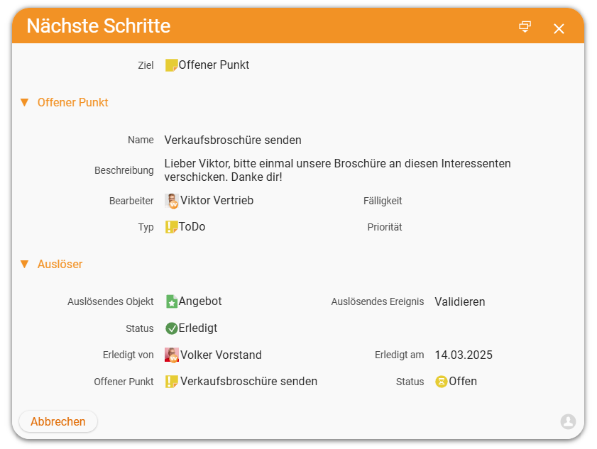 Nächsten Schritt als offenen Punkt in der Angebotsvorlage anlegen