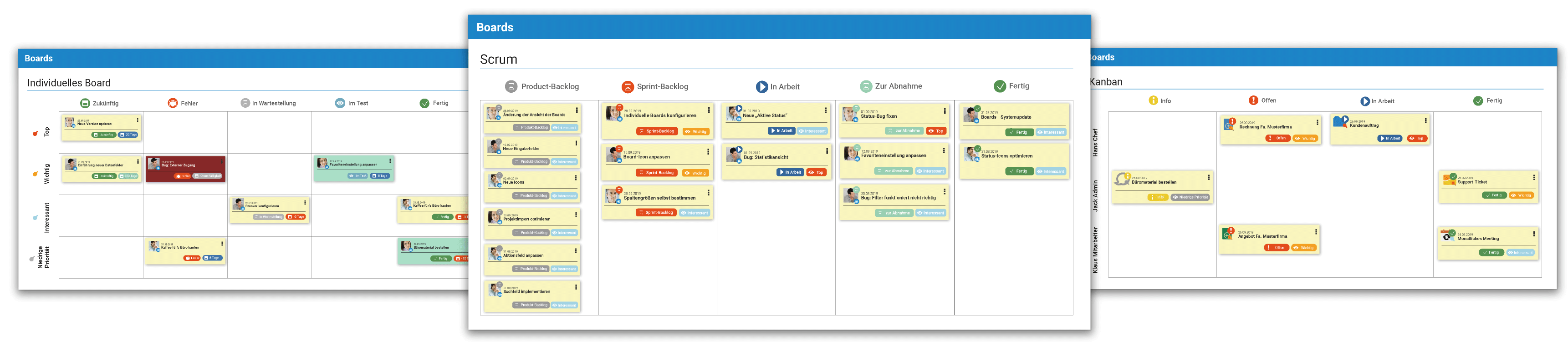 Board-Übersicht mit Scrum und Kanban in projectfacts