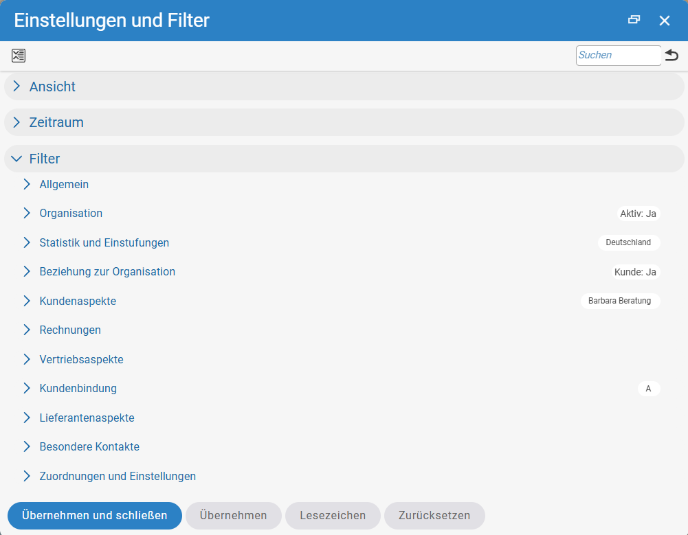 Aufgeräumte Filteroptionen im neuen Filterdialog