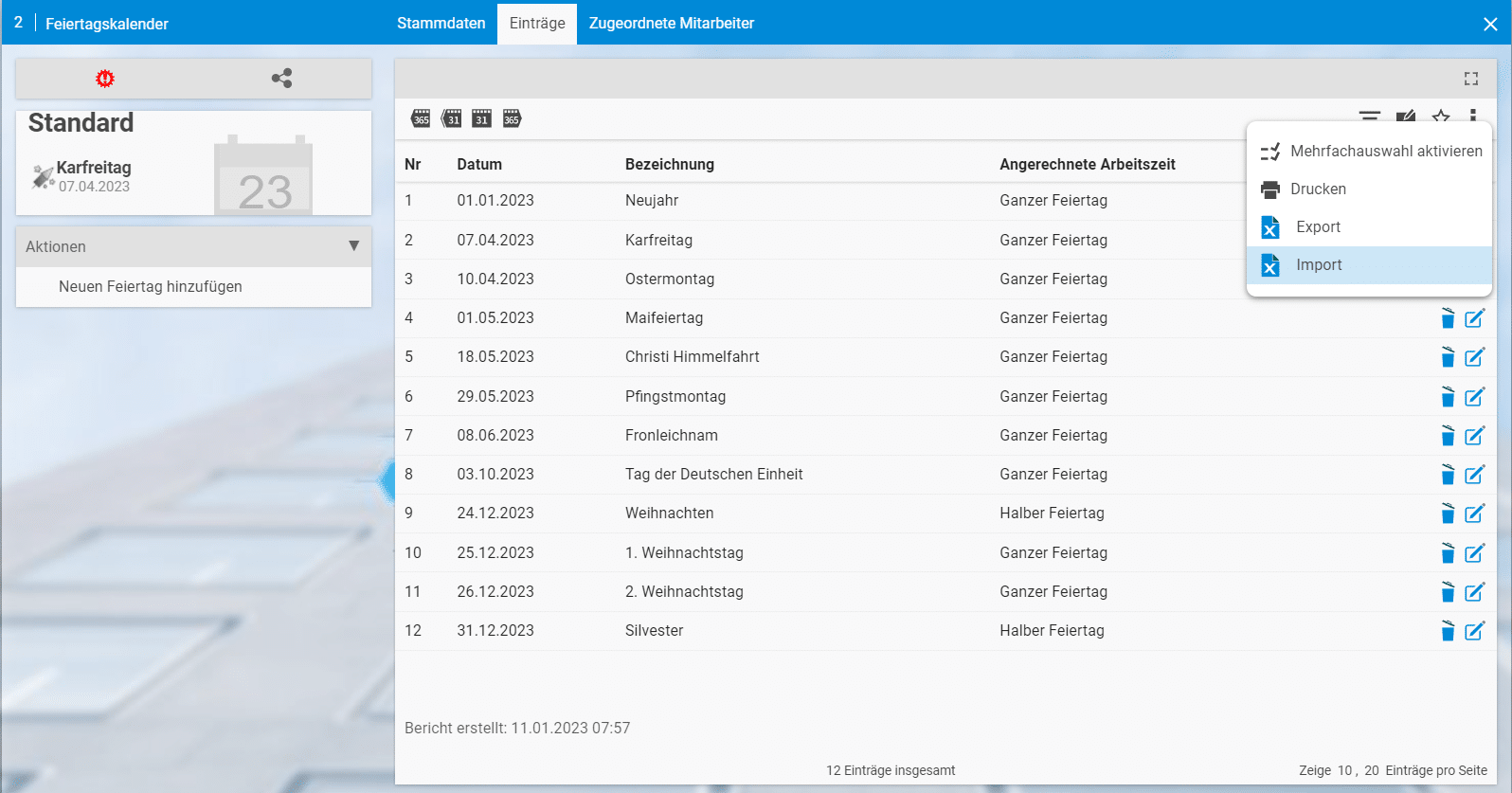 Vorbereitete Excel-Datei über das Kontextmenü im Kalender importieren
