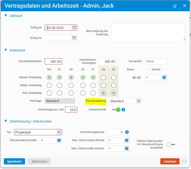 Pausenregelung einem Mitarbeiter im HR-Modul zuweisen