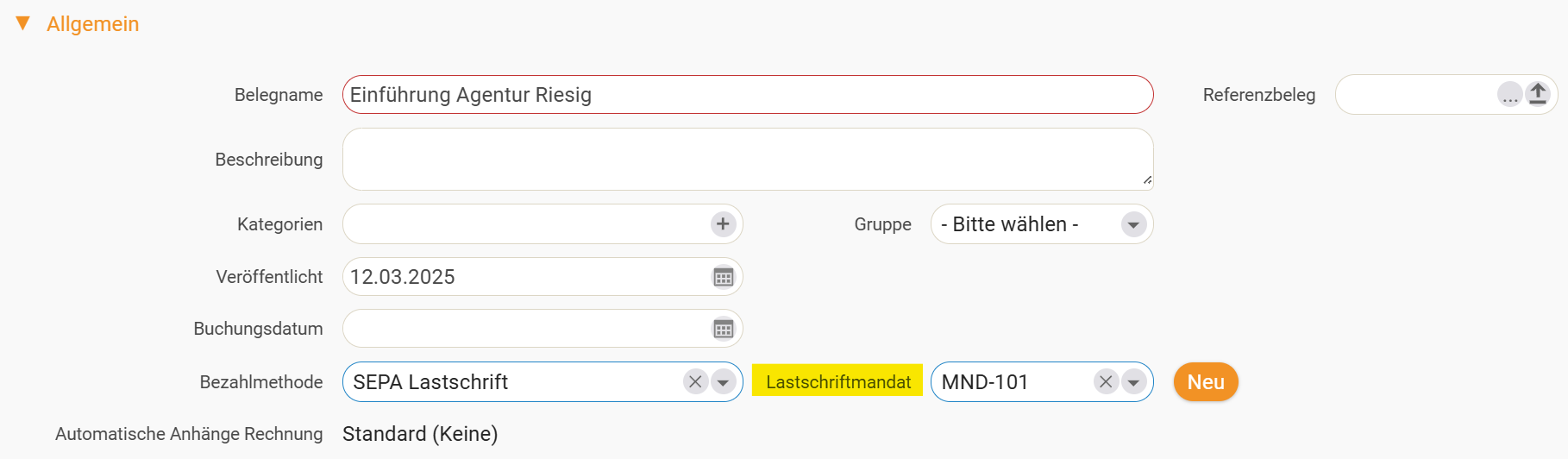 Mandatsdaten mit Bankkonto und Zahlungsempfänger erfassen