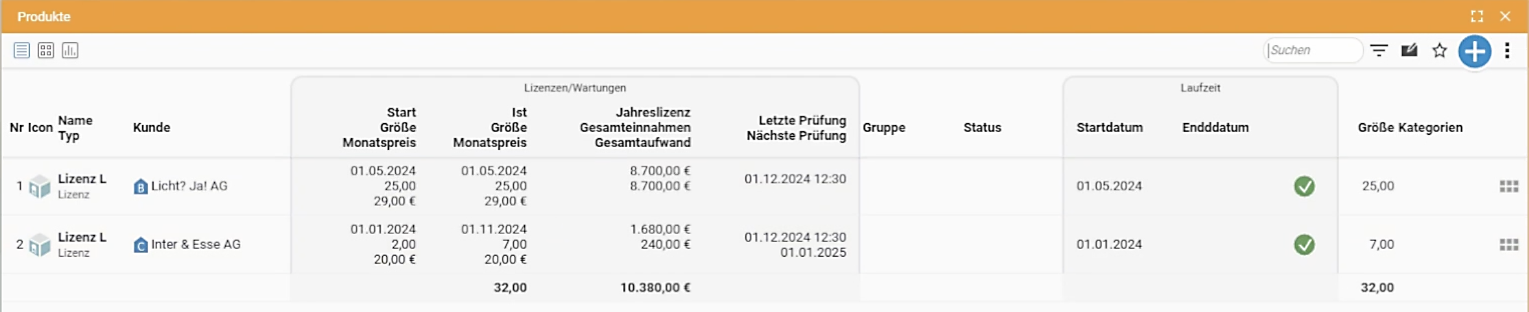 Produktverwaltung mit Verlauf der genutzten Produkte je Kunde